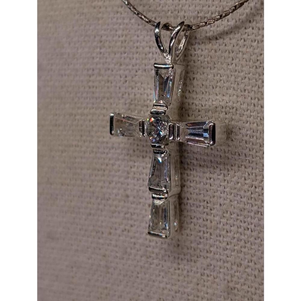 925 Silver Cross Pendant W/ Baguette & Diamond Cut Cubic Zirconia Stones